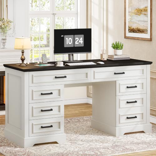 Vabches Farmhouse Executive Desk with Charging Station, White and Brown by Vabches