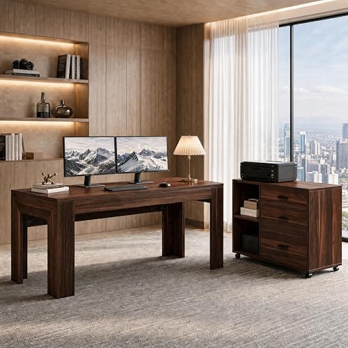 Tribesigns L Shaped Executive Office Desk with Drawers,Walnut - Image 3