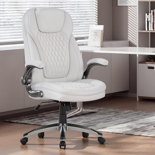 COLAMY Executive Office Chair-Ergonomic Computer Desk Chair, High Back Leather Chair with Padded Flip-up Arms, Swivel Home Office Chair Upgraded Caster, White - Image 2