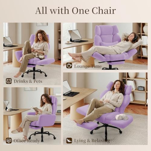 Office Chair with Flip Armrests,Comfy Criss Cross Chair for Pets Sitting,Big and Tall Office Chair with Foot Rest,Extra Wide Seat & Lumbar Pillow,Ergonomic Computer Gaming Chair,Teddy Fleece,Purple - Image 3