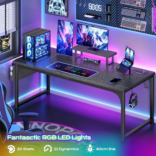DurayLoly 47 x 24 inch Desk, 24mm Thick Heavy Duty Gaming Desk with RGB LED & Power Outlets, Detachable Stand, Hooks & Storage Bag, 110LBS Capacity, Home Office Computer Desk, Black - Image 4