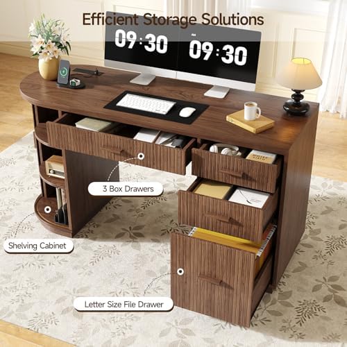 ONBRILL 58 Inch Fluted Executive Desk with File Drawer, Walnut - Image 4