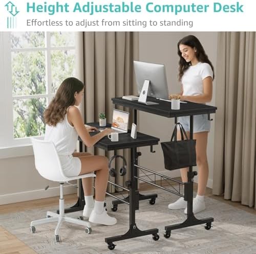 WINAZ Small Portable Rolling Standing Desk - 32 Inch Adjustable Height Mobile Teacher Podium on Wheels for Classroom, Stand Up Desks for Treadmill Walking Pad, Couch Sofa Side Laptop Table, Black - Image 5