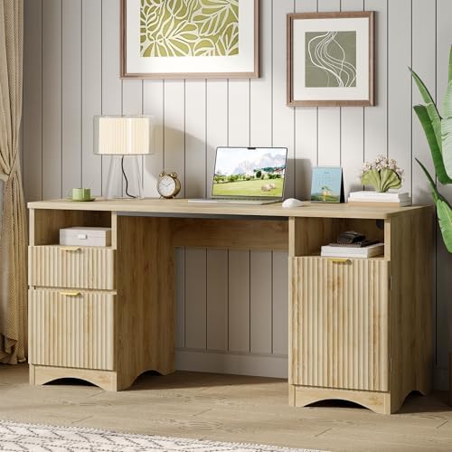 Bestier 59 inch Computer Desk with 2 Drawers, Office Desk with Storage File Cabinet and 2 Open Storage Shelves, Modern Fluted Executive Desk for Home Office Bedroom, Natural Oak - Image 5