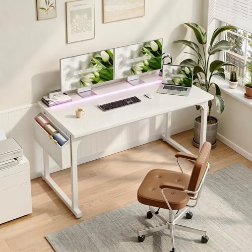 DurayLoly 48" Gaming Desk with Waterproof LED Lights for Bedroom,White - Image 2