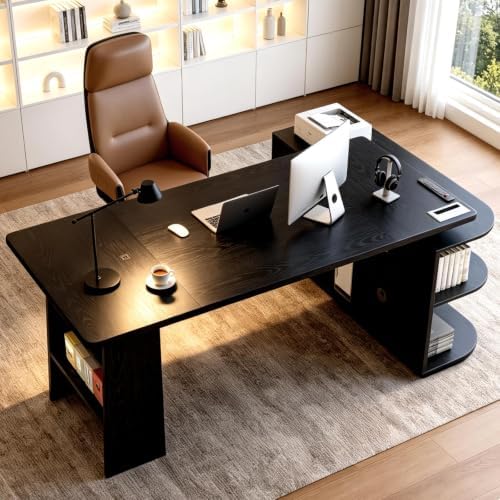 71" L-Shaped Executive Desk Big Business Furniture Desk Workstation, Large Office Computer Desk with Double Pedestal and Power Outlets, Modern Simple Table Conference for Home Office, Black by BearDenCreations