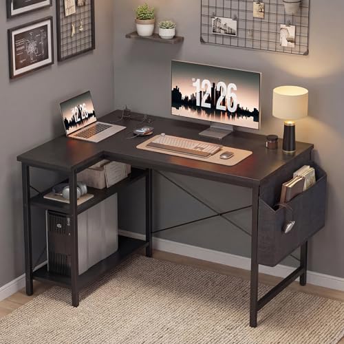 TIQLAB L Shaped Computer Desk with Power Outlets, 55 Inch Small Corner Desk with Reversible Shelves, Gaming Desk Computer Table Study Writing Table for Home Office Bedroom Small Space, Black - Image 2