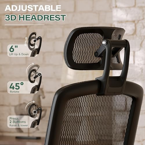 GABRYLLY Ergonomic Office Chair, High Back Home Desk Chair with Footrest,3D Headrest, Flip-Up Arms, 135° Tilt and Wide Cushion, Heavy Duty Mesh Chairs for Task Computer Gaming, Black - Image 6