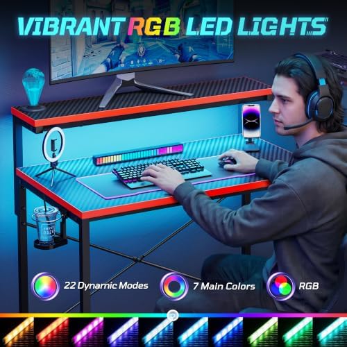 48'' Gaming Desk with Raised Monitor Shelf, LED Lights, Black&Red - Image 4