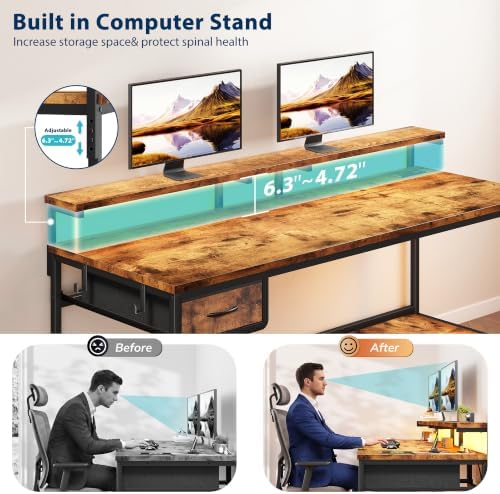 DurayLoly 55" Office Desk with Power Outlet & Fabric Drawer,Rustic Brown - Image 7