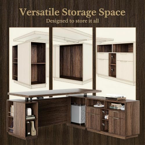 L Shaped Executive Standing Desk with File Cabinet, Electric Height Adjustable Desk with AC/USB and Privacy Panel for Home and Office, Black Walnut - Image 4