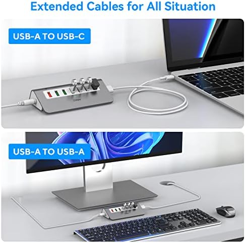 Powered USB Hub 10Gbps, 7 Port USB 3.2 Gen 2 Hub with 4 USB 3.2 Data Ports, 3 Fast Charging Ports, 36W Power Adapter, Type A and Type C Cable, Aluminum USB Hub for Laptop, Mac, PC - Image 4