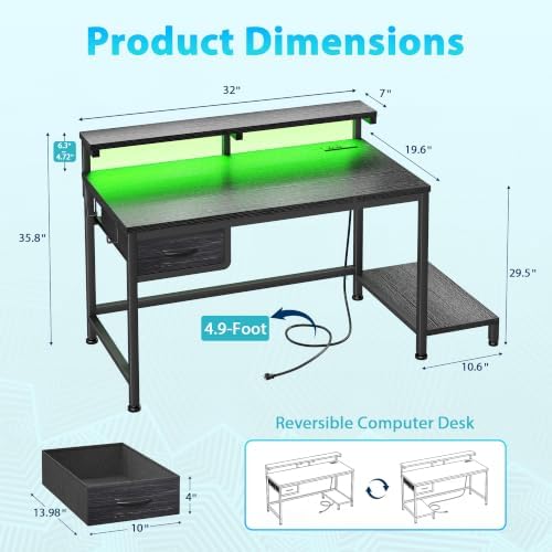 DurayLoly 32" Gaming Desk with Power Outlet and LED Lights,Bedroom,Black - Image 3
