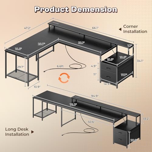 PRAISUN 66" L Shaped Gaming Desk with LED Lights & Power Outlets - Image 2