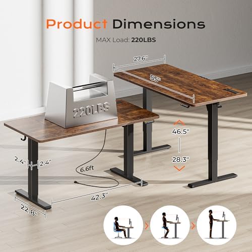 Huuger 55 x 28 Large Electric Standing Desk with 4 AC Outlets, Type-C Port, Height Adjustable Computer Desk, 27.6" Deep Desktop, Stand up Gaming Office Desk, 3 Preset Heights, Rustic Brown - Image 2