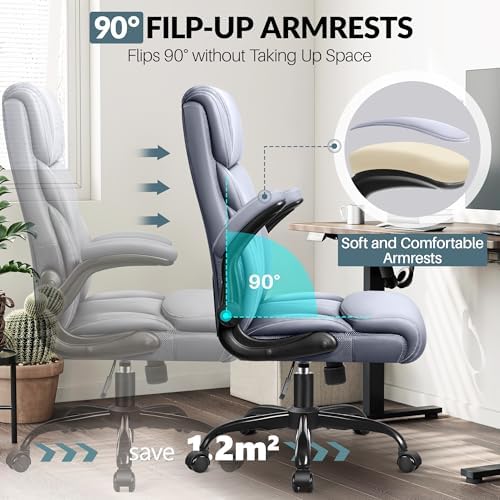 HeroSet Office Chair, Ergonomic Big and Tall Computer Desk Chairs, Executive Breathable Leather Chair with Adjustable Flip-up Armrests, Lumbar Support Swivel PC Chair with Rocking Function,Matte Gray - Image 3
