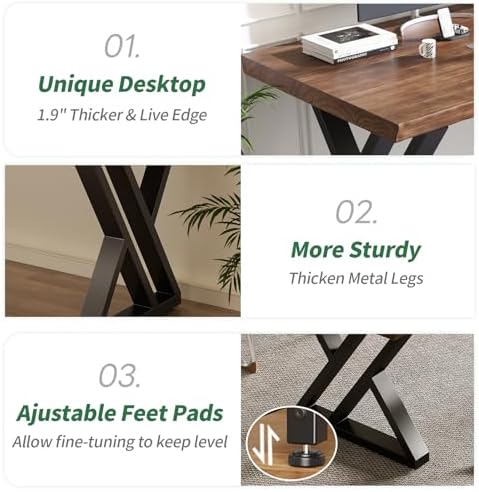 Solid Wood Desk 63 Inches, Live Edge Wooden Home Office Computer Desk Metal Frame Modern Simple Design Executive Real Wood Desk for Writing Study Dining Gaming - Image 3