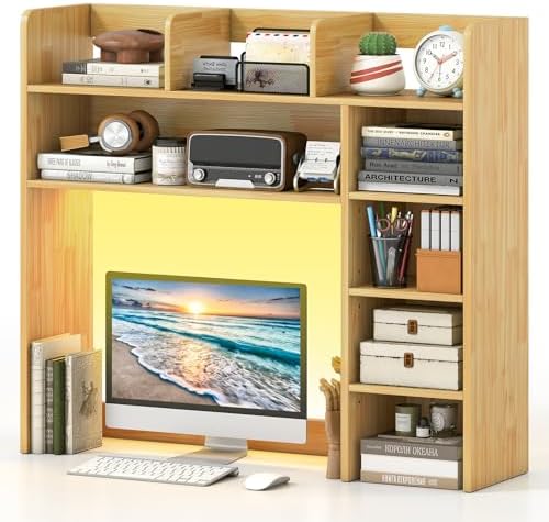 GIANTEX Desktop Bookshelf with LED Lights, 35.5" Desk Hutch Dorm for Up to 25 Inch Computer Monitors with Adjustable Storage Shelves, Wood Desk Organizer Shelves for Home Office (Burlywood) by Giantex
