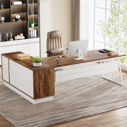 Tribesigns 71-Inch Executive Desk, L-Shaped Desk with Cabinet, Large Office Desk with Drawers and Storage Shelves, Writing Table Computer Desk for Home Office, Brown and White - Image 5