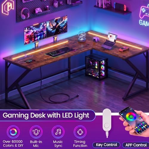39.4'' L Shaped Gaming Desk with LED Lights & Power Outlets, Rustic Brown - Image 7