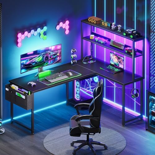AODK L Shaped Desk Gaming Desk with LED Light & Power Outlet - Image 2
