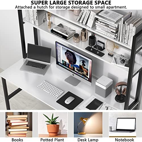 Aquzee Computer Desk with Shelves, 47" W x 23.6" D Gaming Desk with Hutch and Bookshelf, White Study Table for Bedroom Space Saving with 3 Tier Storage Shelf, Home Office Desk for Writing Work - Image 5