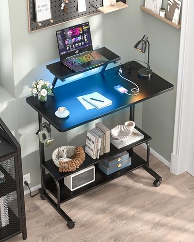 Height Adjustable Standing Desk with Power Outlets and LED Lights - 32" Manual Stand Up Desk with Monitor Stand and Storage Shelves Small Mobile Rolling Computer Desk Portable Laptop Table, Black - Image 2