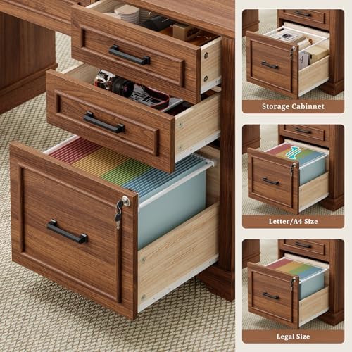 UPOSOJA 60'' Farmhouse Executive Desk with Drawers, Home Office Desk with Power Outlet & LED Light, Wood Computer Desk with Monitor Stand, Locking File Drawer, Glass Storage Cabinet, Hooks - Image 5