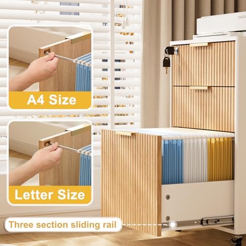 3 Drawers Fluted Mobile File Cabinet with Lock, Rolling File Cabinet Printer Stand Table, Under Desk Wooden Filing Cabinets for Home Office Essentials Storage Organization Furniture Letters/A4(Oak) - Image 4