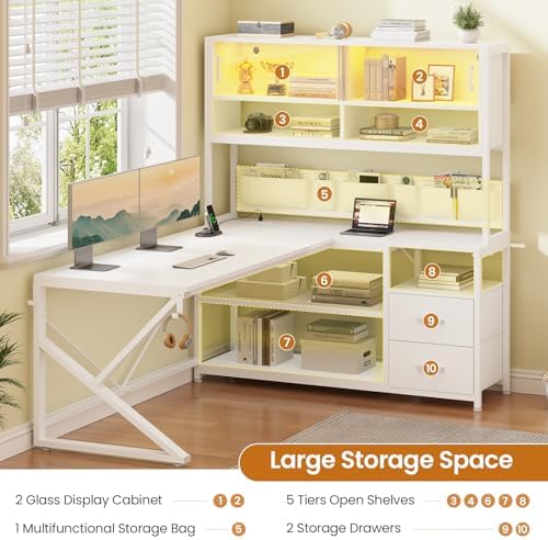 SEDETA L Shaped Gaming Desk with Storage Shelves, 2 Drawer, LED Light - Image 5