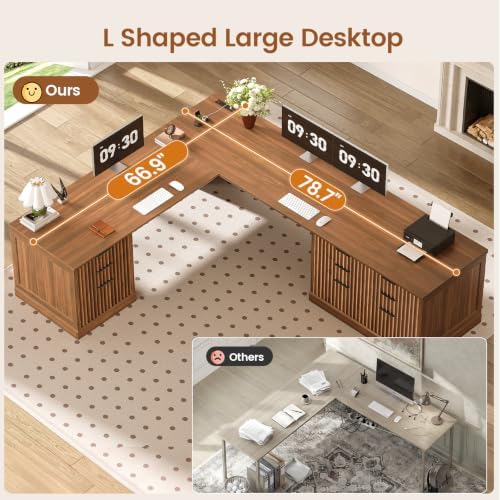 SEDETA Fluted 78.8" L Shaped Executive Desk with 6 Drawers, Brown - Image 7