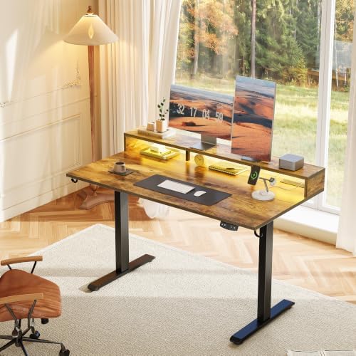 Klicelor Electric Standing Desk with Shelf, 55 Inch Height Adjustable Desk with Power Outlets & LED, Sit Stand Up Table with Monitor Stand, Computer Workstation for Home Office, Rustic Brown - Image 2