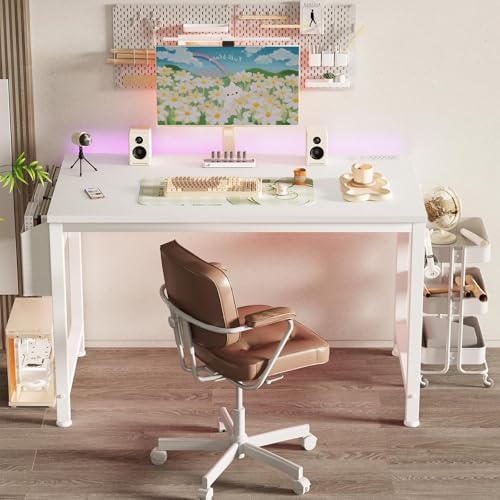 Lufeiya White Computer Desk with Power Outlet, 47 inch Teen Study Table Home Office Work Writing Gaming Desks with Charging Station Outlets Built in, White - Image 2