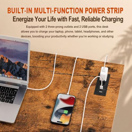 Folding Table Computer Desk - 43.3" No Assembly Folding Desk with Power Outlets & USB Charging Port, Small Desk, Foldable Office Desk, Compact Storage Portable Use for Small Space, Rustic Brown - Image 6