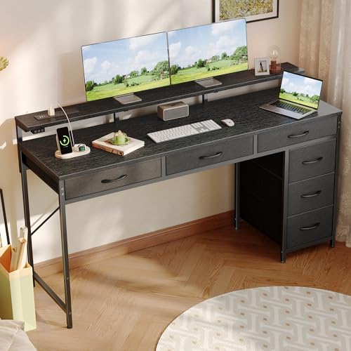 Huuger Gaming Desk with 6 Drawers, Computer Desk with LED Lights Power Outlets and Type-C, 55 Inch Office Desk with Storage, Monitor Stand, Writing Desk Work Desk Home Office, Bedroom, Black, 1CD102B - Image 2
