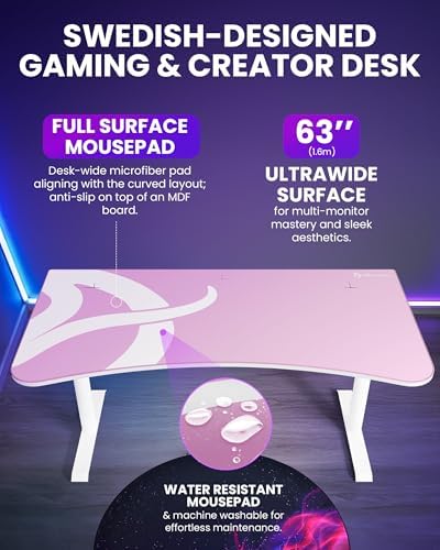 Arozzi Arena Ultrawide Curved Gaming and Office Desk with Full Surface Water Resistant Desk Mat Custom Monitor Mount Cable Management Cut Outs Under The Desk Cable Management Netting - Pink - Image 3