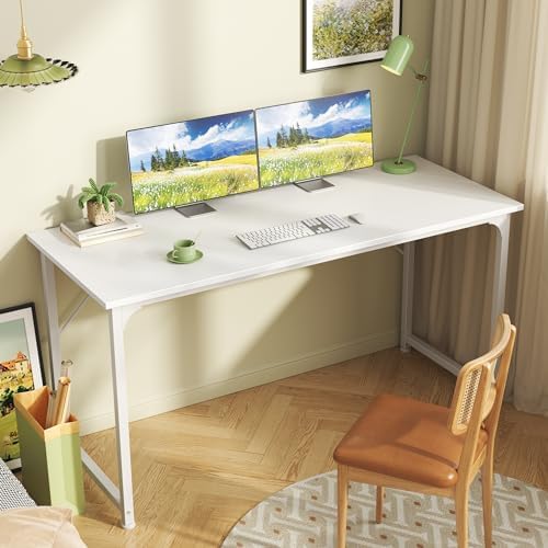 Huuger Computer Desk, 55 Inch Home Office Desk, Gaming Writing Work from Home Study Desk, Large Legroom, Sturdy Metal Frame, Modern Simple, White - Image 2
