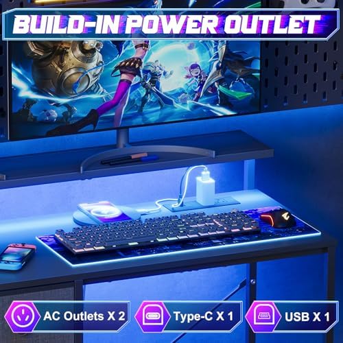 X-cosrack 33.5" Small Gaming Desk with LED Lights & Long Monitor Stand, Compact Computer Desk with Power Outlets & CPU Stand, Gamer Table with Storage Drawer for Home Office, Bedroom Corner, Black - Image 6