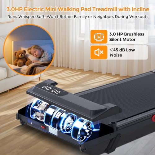 KASSADIN Electric Walking Pad Treadmill with Handle Bar Incline for Home, Portable Walking Pad Treadmill with Handles for Home Small, 3.0HP Mini Under Desk Treadmill for Exercising, 0.6-7.6MPH, 350LB - Image 7