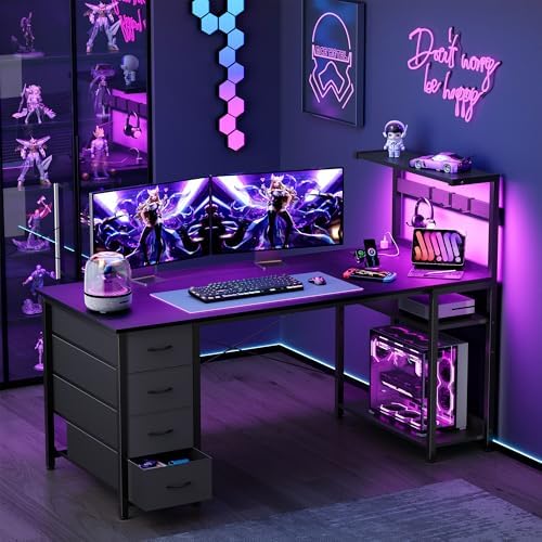 55in Gaming Computer Desk with Drawers & Storage Shelf & Iron Hook, Black - Image 2