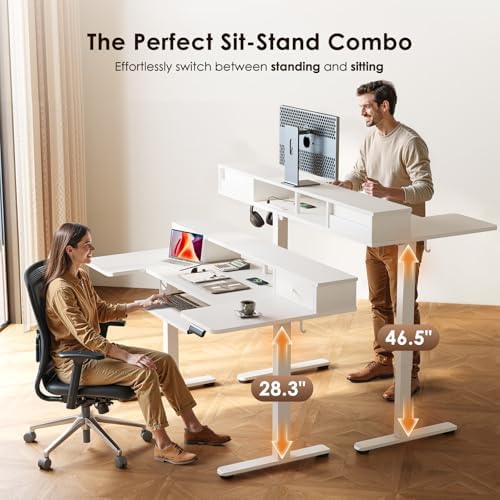 OffiGo 55 Inch U Shape Standing Desk with Keyboard Tray & Drawers, White - Image 5