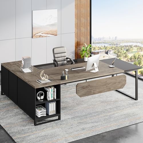 Tribesigns 70.8" Executive Desk with 55" File Cabinet, Industrial L Shaped Computer Desk with Storage Shelves and Cabinet, Large L Shaped Executive Desk for Home Office, Retro Gray & Black - Image 4