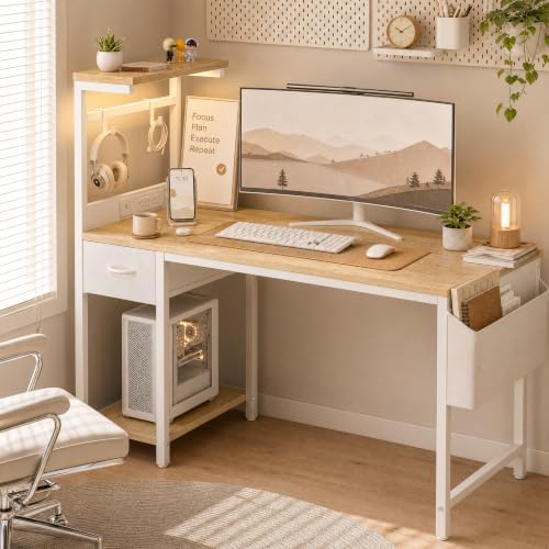 Grandder Computer Desk 40 Inch with Power Outlet and LED Light Oak - Image 2