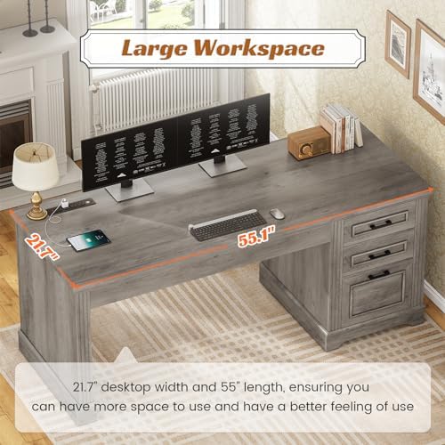 SEDETA Executive Office Desk with 3 Drawers, Farmhouse 55" Computer Desk with Storage File Drawers & Power Outlet for Home Office, Grey - Image 6