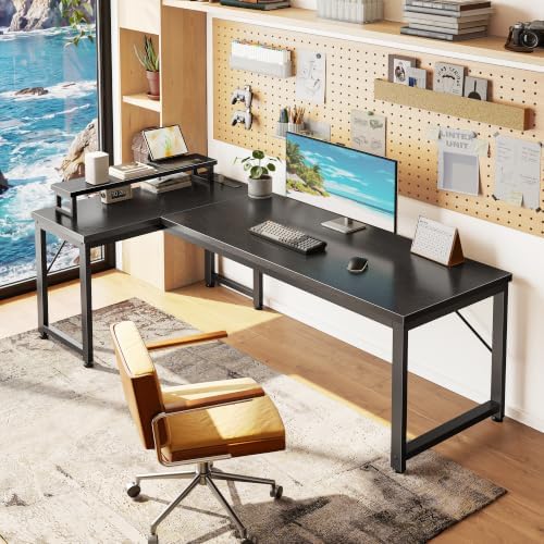 PRAISUN 53" L Shaped Computer Desk, Power Outlets, Monitor Stand, Black - Image 2