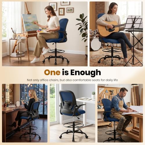 Primy Drafting Chair Tall Office Chair with Flip-up Armrests Executive Ergonomic Computer Standing Desk Chair with Lumbar Support and Adjustable Footrest Ring (Navy) - Image 5