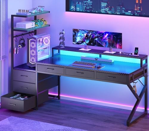 SEDETA 55" Gaming Desk with 6 Drawers and Hutch, Reversible, LED Lights by SEDETA