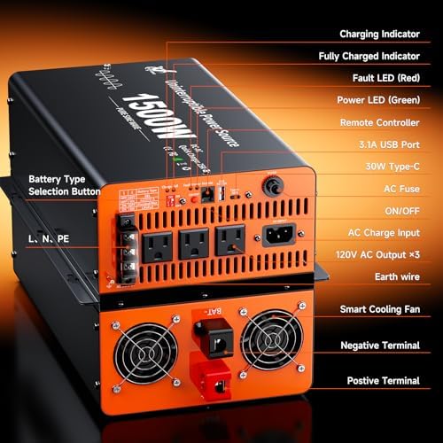 1500 Watt Sump Pump Battery Backup System, Pure Sine Wave Output, Professional Backup System in The Event of a Power Outage, Remote Controller with LCD Screen, Automatic Grid and Battery Switchover - Image 6