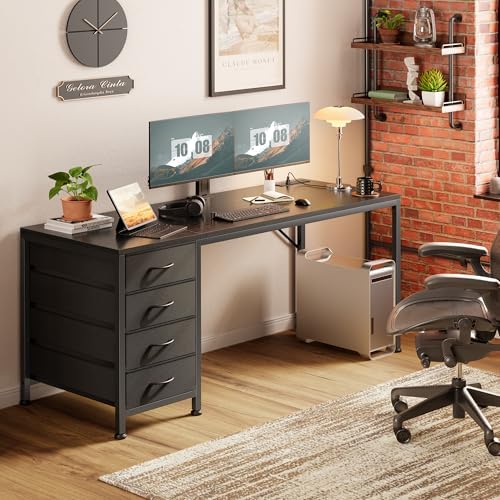 PRAISUN 55.1 Inch Computer Office Desk with Power Outelts and USB-C Port, Reversible Gaming Desk with 4 Fabric Drawers, Work Study Desk Work from Home, Black - Image 2