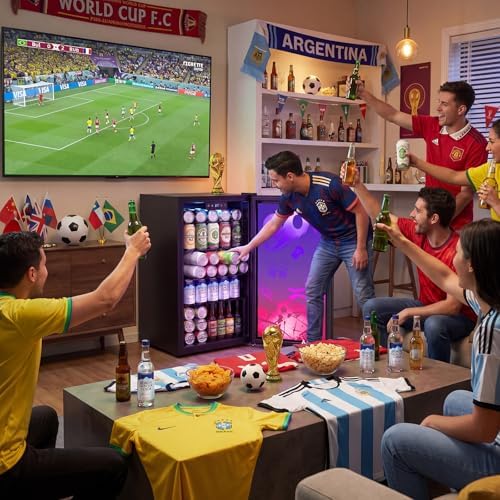 Small Beverage Refrigerator with LED Light Up Door – 128 Can Freestanding Drink Fridge, Mini Beer Cooler with 4 Removable Shelves, Child Safety Lock for Party Bar Gaming Room,World Cup Edition - Image 6
